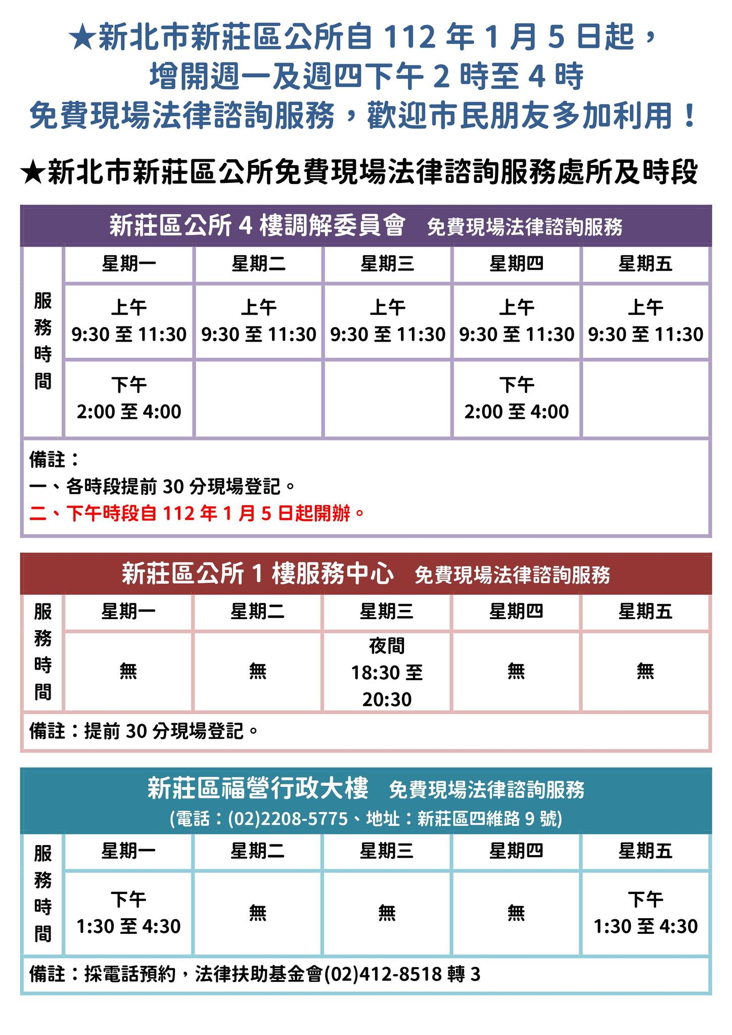 ★新北市新莊區公所自112年1月5日起，增開週一及週四下午2時至4時免費現場法律諮詢服務，歡迎市民朋友多加利用！