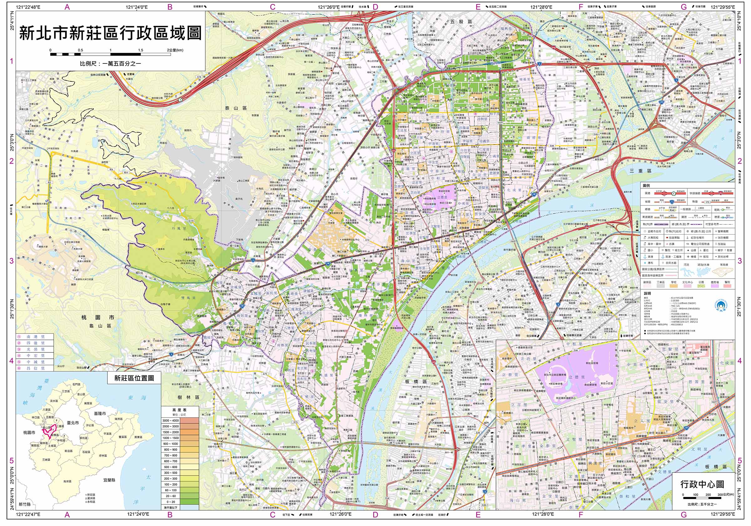 北鄰五股、泰山兩區，西連桃園市龜山區，東臨三重區，南接樹林、板橋兩區，新莊區共有84個里